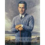 Group of four framed decorative reproduction golf prints on canvas