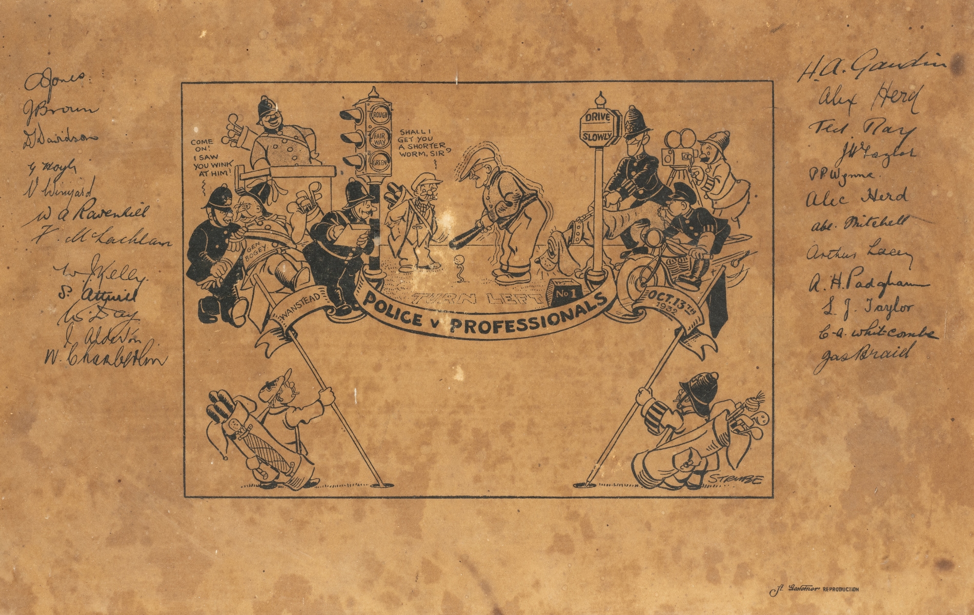 Autographed 'Police v Professional' golf caricature, 13th October 1932