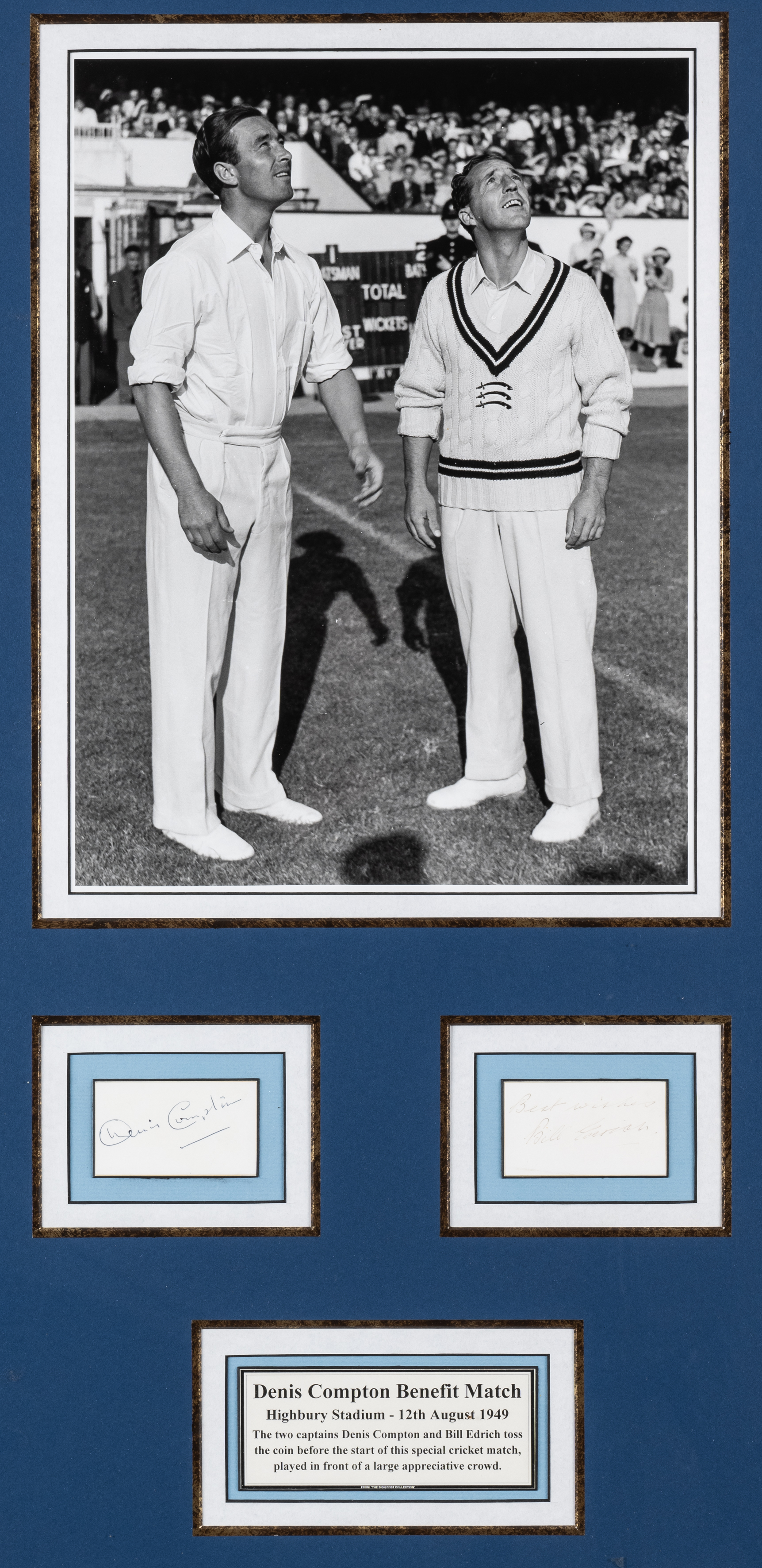 Denis Compton & Bill Edrich cricket coin-toss photograph display, 12th August 1949