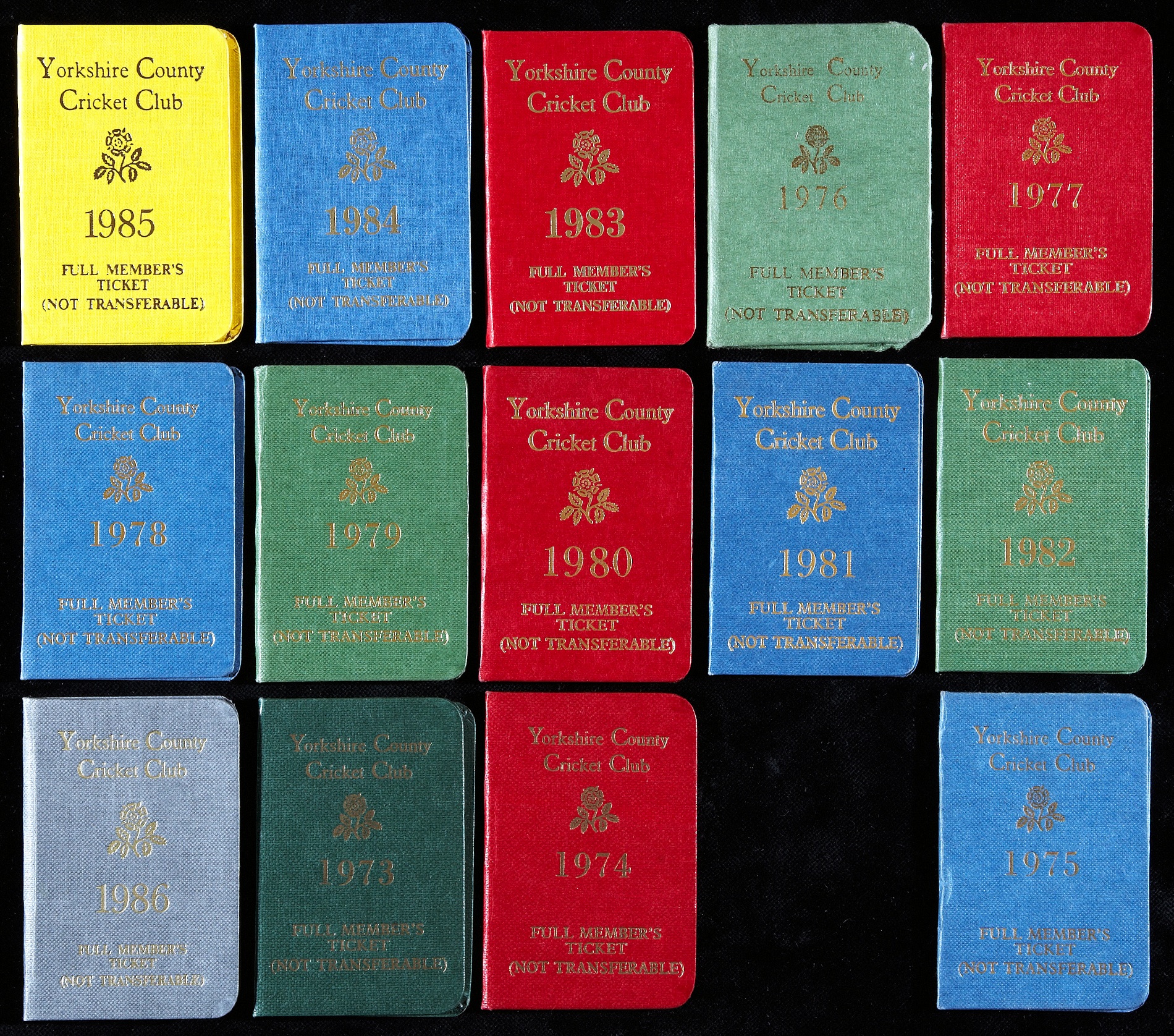 Fourteen Yorkshire County Cricket Club full member's season tickets, 1973 to 1986