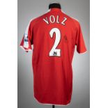 Moritz Volz signed red & white Fulham no.2 away jersey, season 2005-06