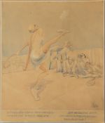 German watercolour with a risqué scene of men ogling a female tennis player, c.1934