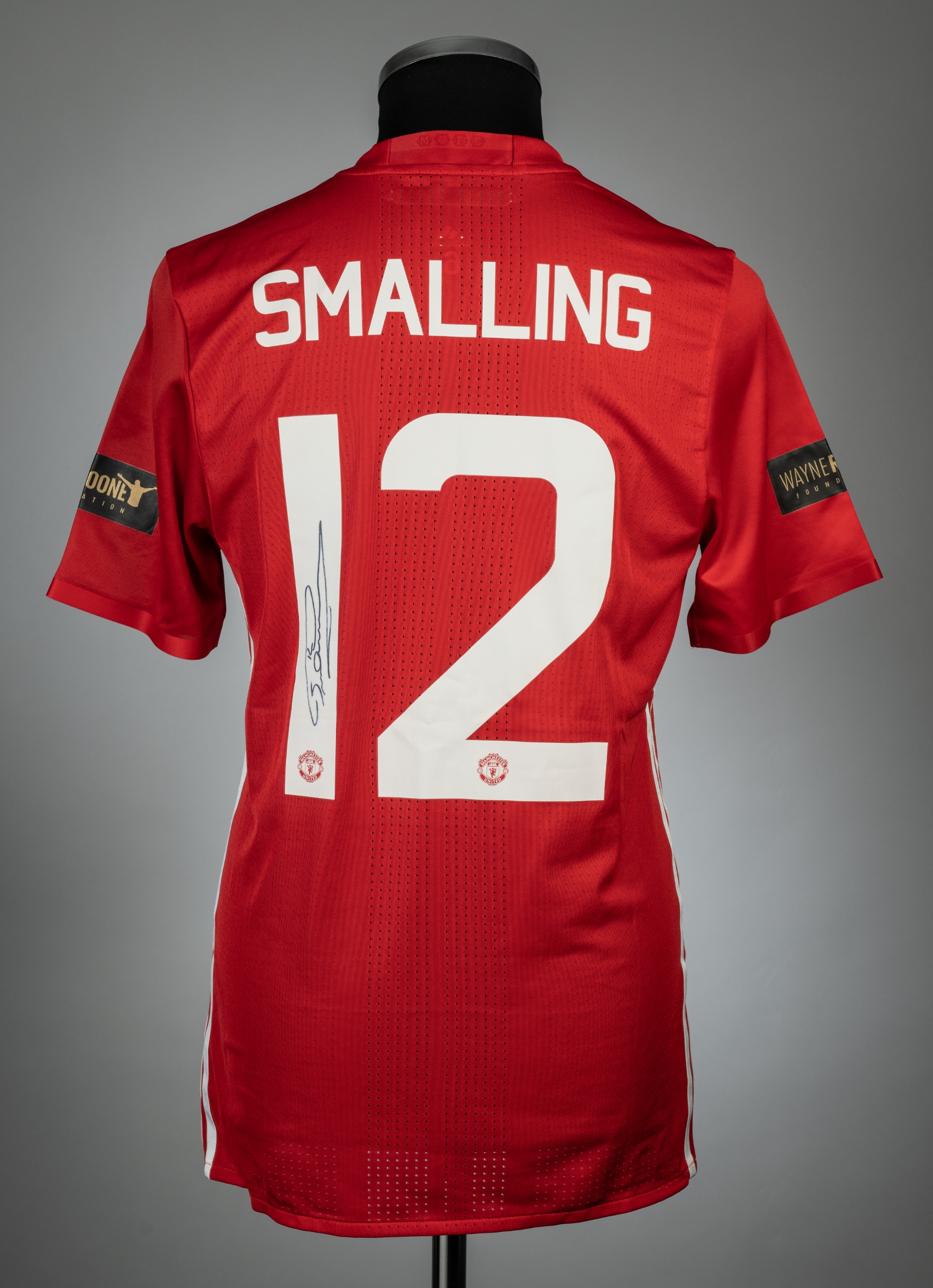 Chris Smalling double-signed red Manchester United no.12 jersey v Everton, Wayne Rooney Testimonial - Image 2 of 2