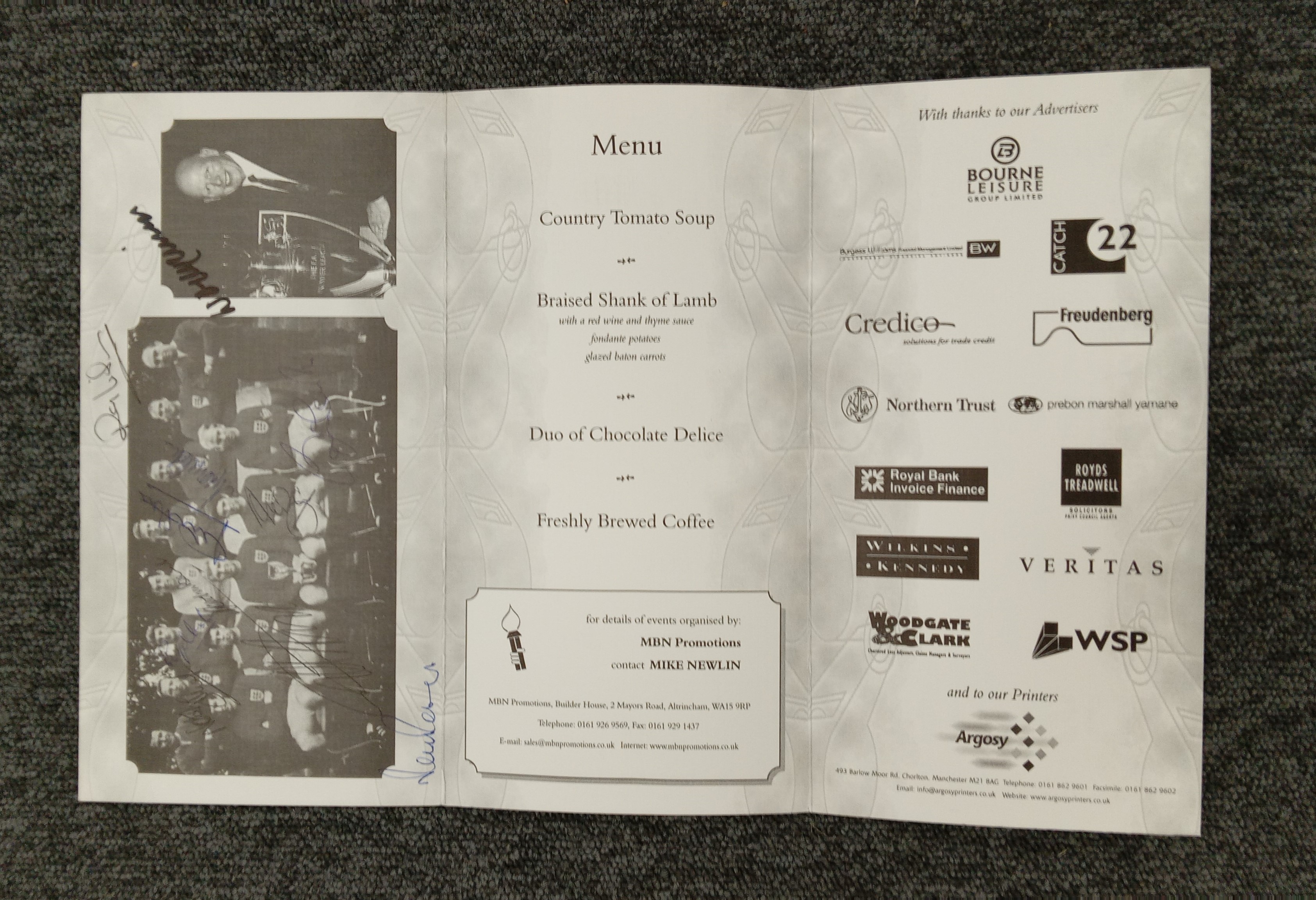 A menu signed by 10 of the England 1966 World Cup winning team