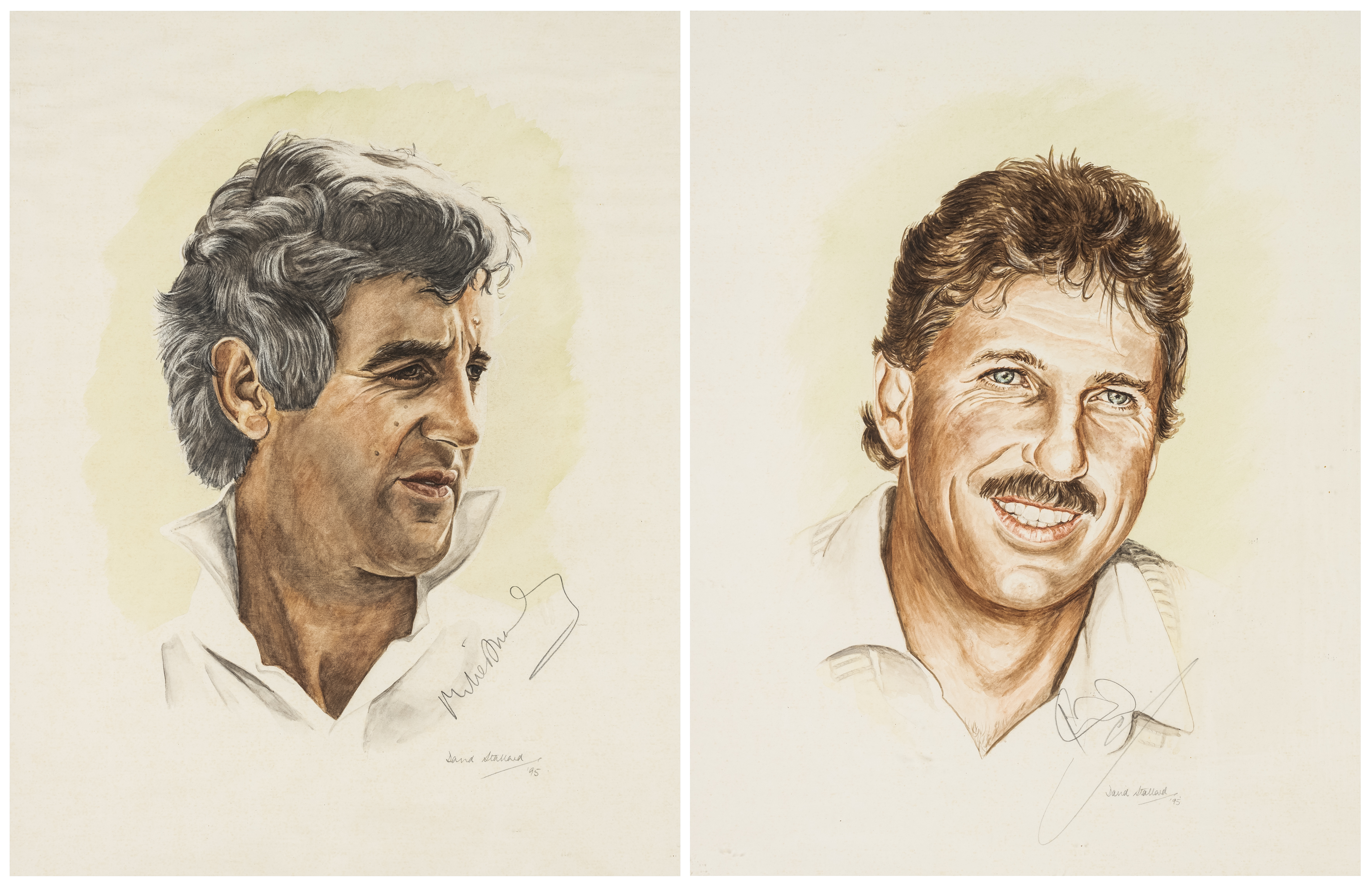 Two David Stallard watercolours of former England cricket captains Mike Brearley & Ian Botham, c1995