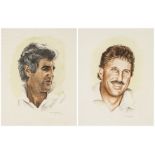 Two David Stallard watercolours of former England cricket captains Mike Brearley & Ian Botham, c1995