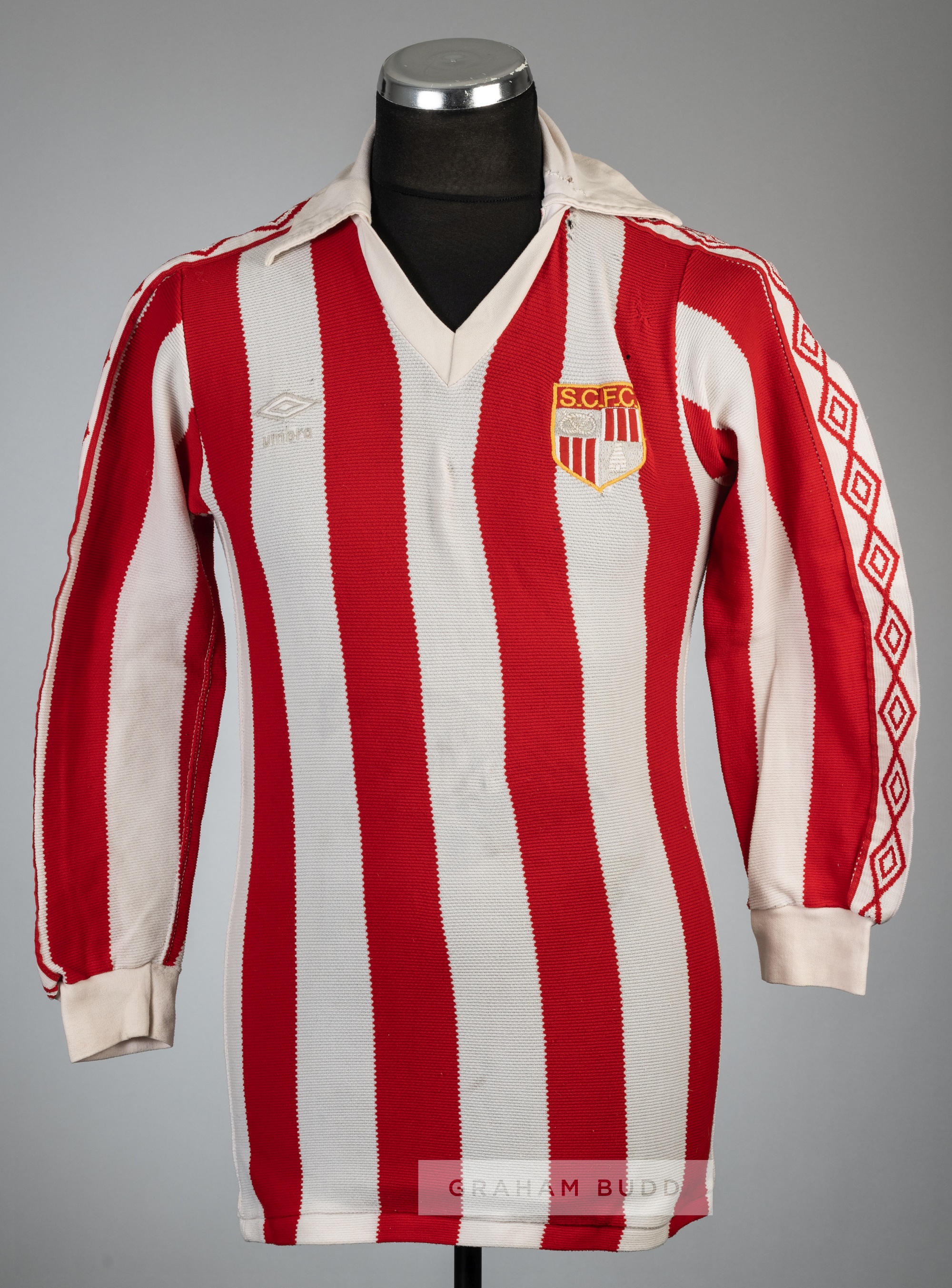 Red and white striped Stoke City no.2 home jersey, circa late 1970s