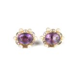 Pair of 9 ct yellow gold amethyst and pearl earrings.