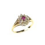 9 ct yellow gold ruby and diamond flower cluster ring.