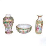 A group of three Chinese Cantonese famille rose porcelain wares, 19th century