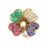 Yellow gold diamond, ruby, sapphire, emerald and pearl flower brooch.