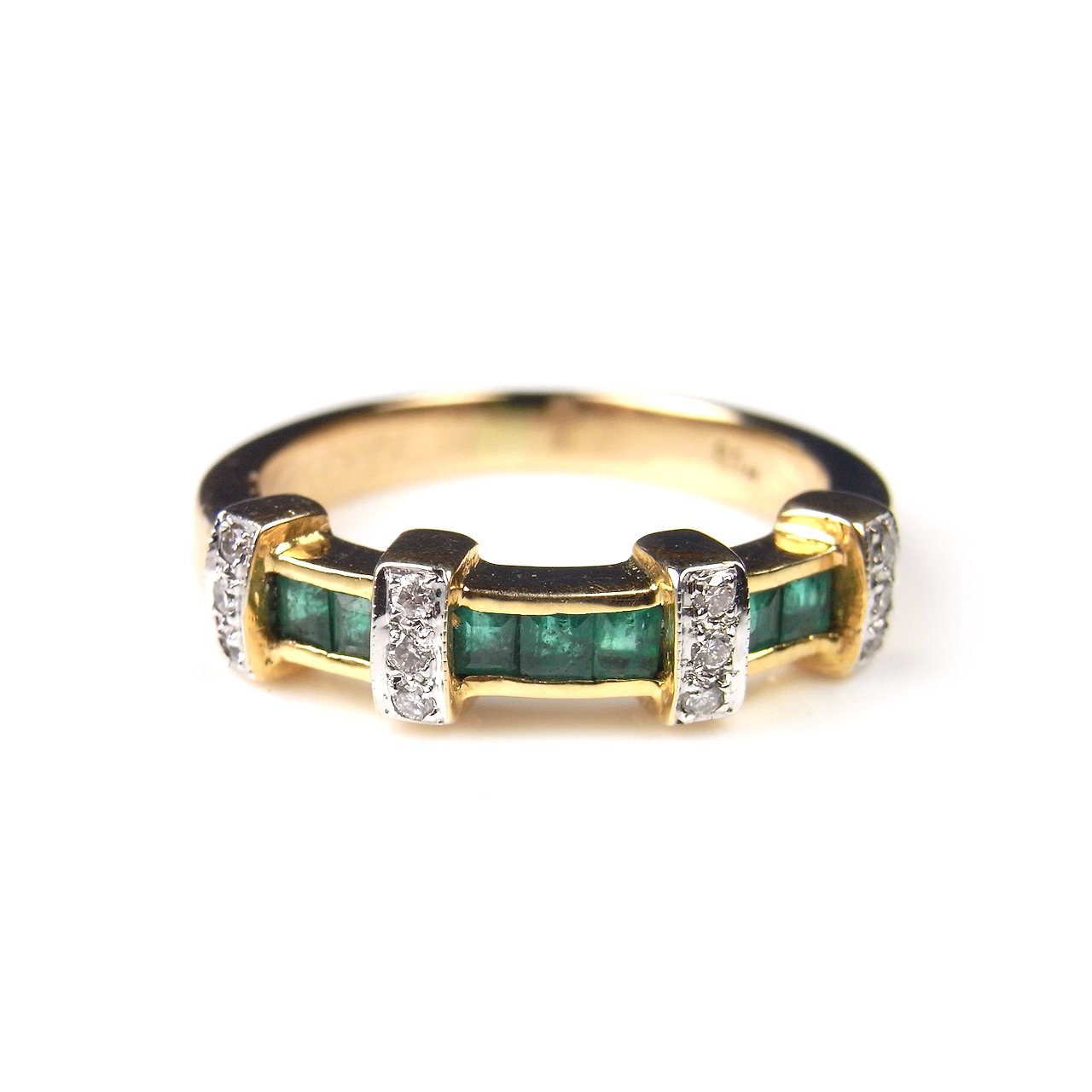 18 ct yellow gold emerald and diamond half eternity ring. - Image 2 of 2