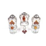 A European silver, glass and amber leaf and berry pattern condiment set, 20th century