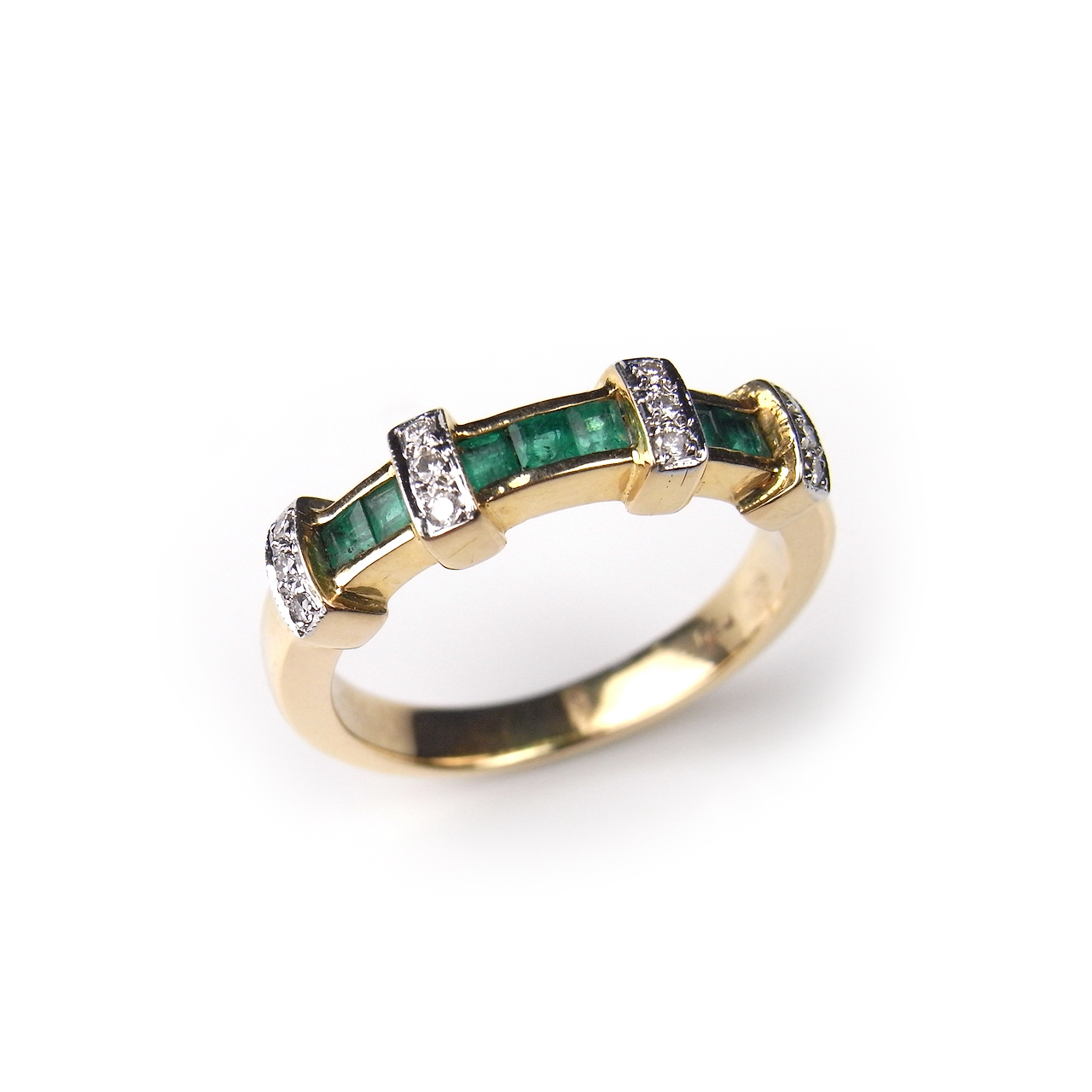 18 ct yellow gold emerald and diamond half eternity ring.