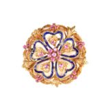 18 ct yellow gold ruby and enamel brooch pendant.