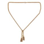 18 ct yellow gold rope twist tassel necklace.