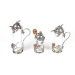 A European silver, glass and amber acorn pattern condiment set, 20th century.