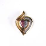 Yellow gold ruby, aquamarine and diamond heart pendant.