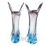 A pair of Murano ice blue and purple summerso glass vases, Seguso, probably by Flavio Poli