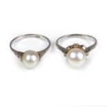 Two 18 ct white gold pearl and diamond rings.