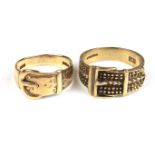 Two 9 ct yellow gold belt buckle rings.