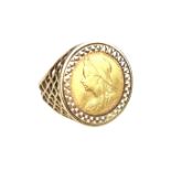 9 ct yellow gold half sovereign ring.