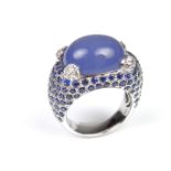 18 ct white gold chalcedony, sapphire and diamond cocktail ring.