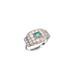 White gold emerald and diamond plaque cluster ring.