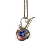 Silver enamelled vase pendant necklace.