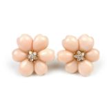 18 ct yellow gold pink hardstone and diamond flower earrings.