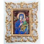 Manifattura francese, “Madonna con Bambino” in smalti policromi e oro, XX secolo.