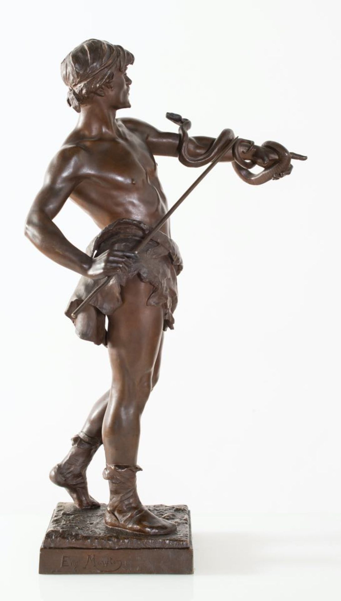 Eugène Marioton (Parigi 1854 - 1933), "Domatore di serpenti".Grande scultura in bronzo a - Image 5 of 6