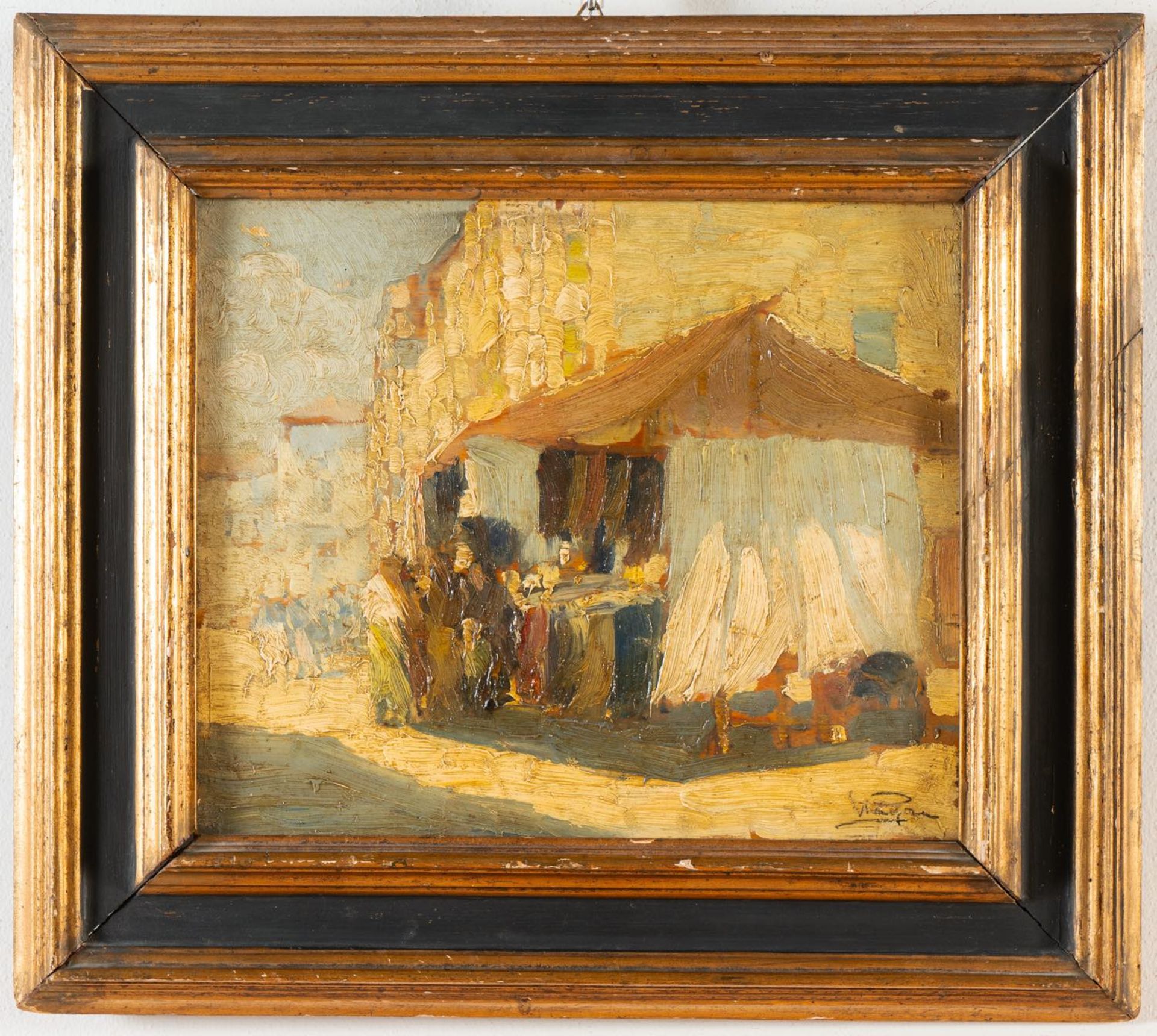 Luigi Pagan (Chioggia 1907-1980), “Il mercato”.Olio su tavoletta, firmato in basso a destra,