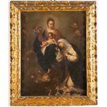 Maestro Emiliano del XVIII secolo, "Madonna con Bambino e Santa".Olio su tela, H cm 43.5x35 -