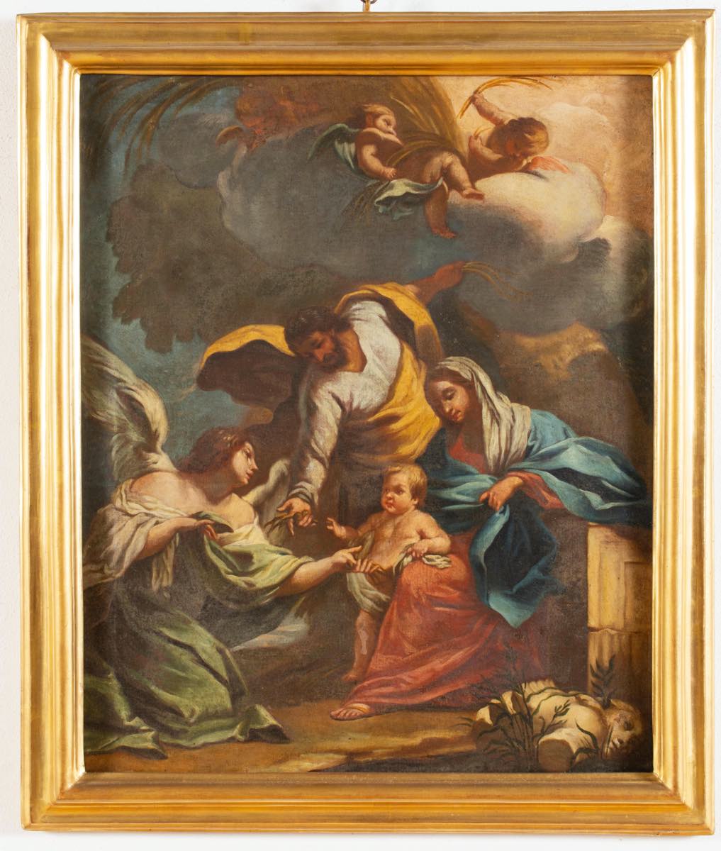 Maestro Italiano della metà del XVII secolo, "Madonna con Bambino e Angeli".Olio su tela, H cm