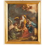 Maestro Italiano della metà del XVII secolo, "Madonna con Bambino e Angeli".Olio su tela, H cm