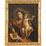 Maestro Emiliano del XVIII secolo, "Madonna con Bambino e San Giovannino".Olio su tela, H cm