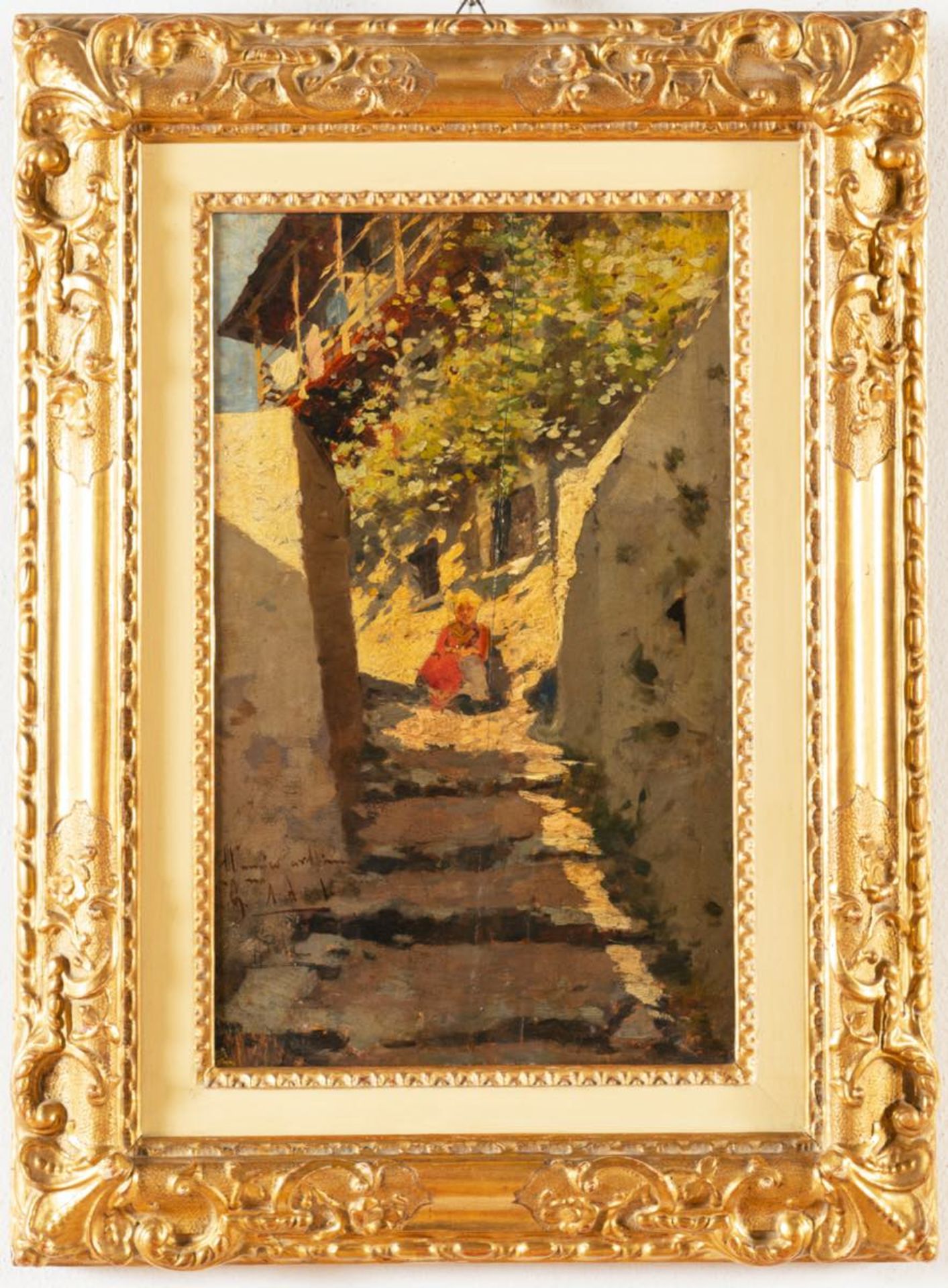 Paolo Sala (Milano 1859 - 1924), "Fanciulla sulla scalinata".Olio su tavoletta, reca in basso a
