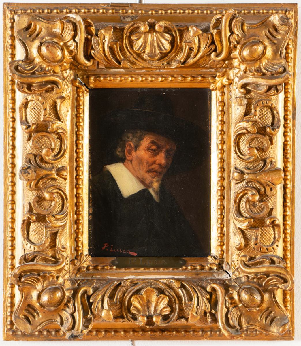 Maestro Tedesco del XIX-XX secolo, "Ritratto".Olio su tavola, firmato in basso a sinistra "P.