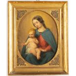 Maestro del XIX secolo, "Madonna con Bambino".Olio su tela, H cm 35x27 - con cornice H cm 44x35