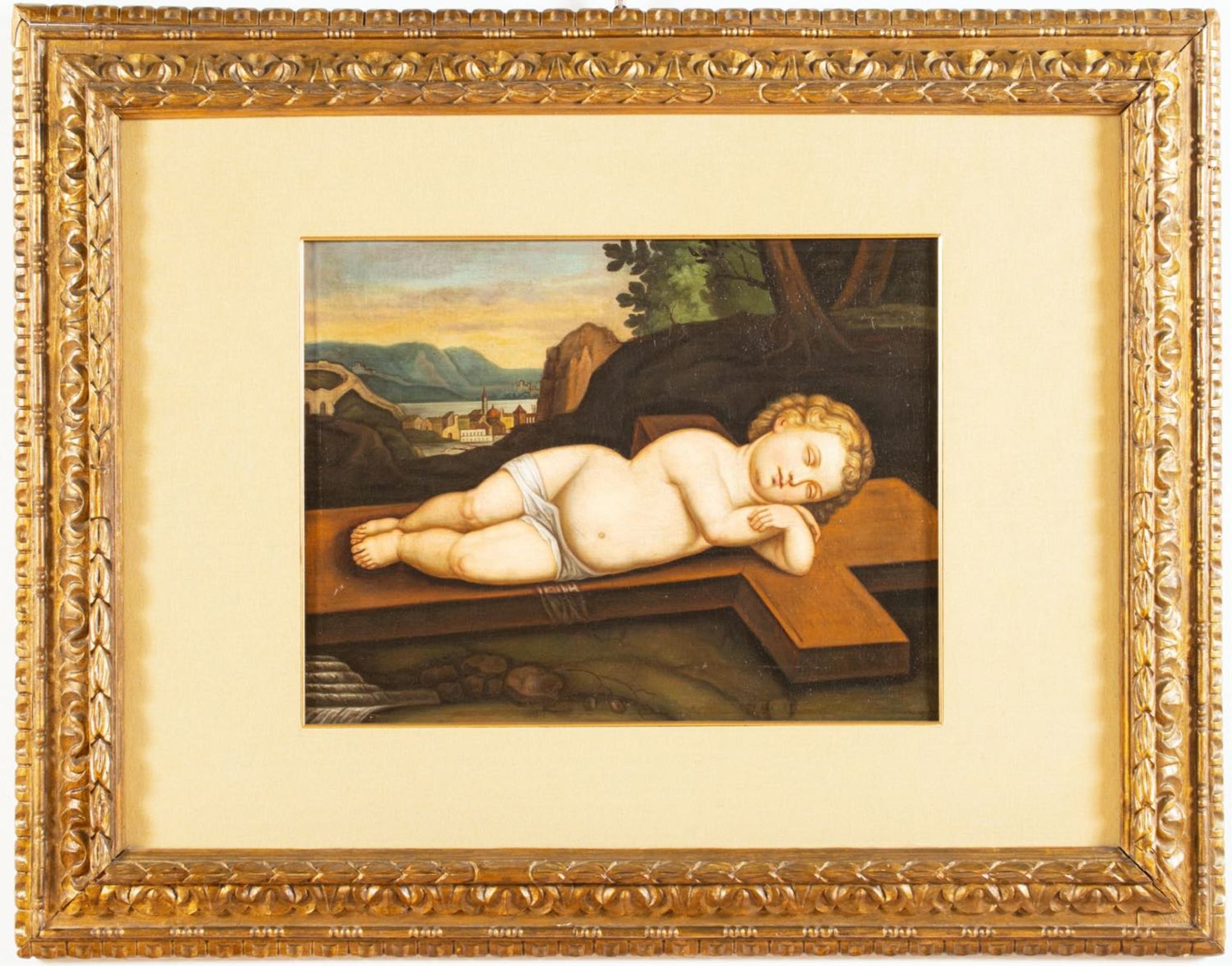 Maestro degli inizi del XIX secolo, "Gesù Bambino dormiente sulla Croce".Olio su tela, H cm