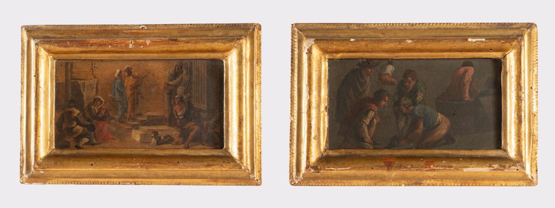 Maestro del XVII secolo, Coppia di dipinti raffiguranti "Scene di genere".Olii su carta