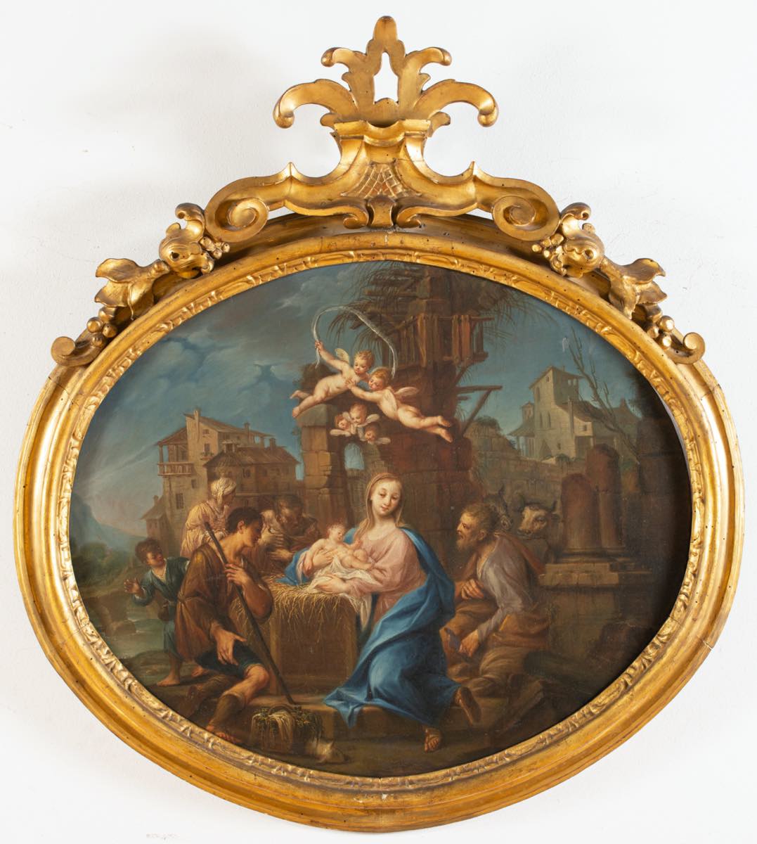 Maestro Emiliano del XVIII secolo, "Sacra Famiglia".Olio su tela ovale entro cornice in legno