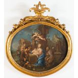 Maestro Emiliano del XVIII secolo, "Sacra Famiglia".Olio su tela ovale entro cornice in legno