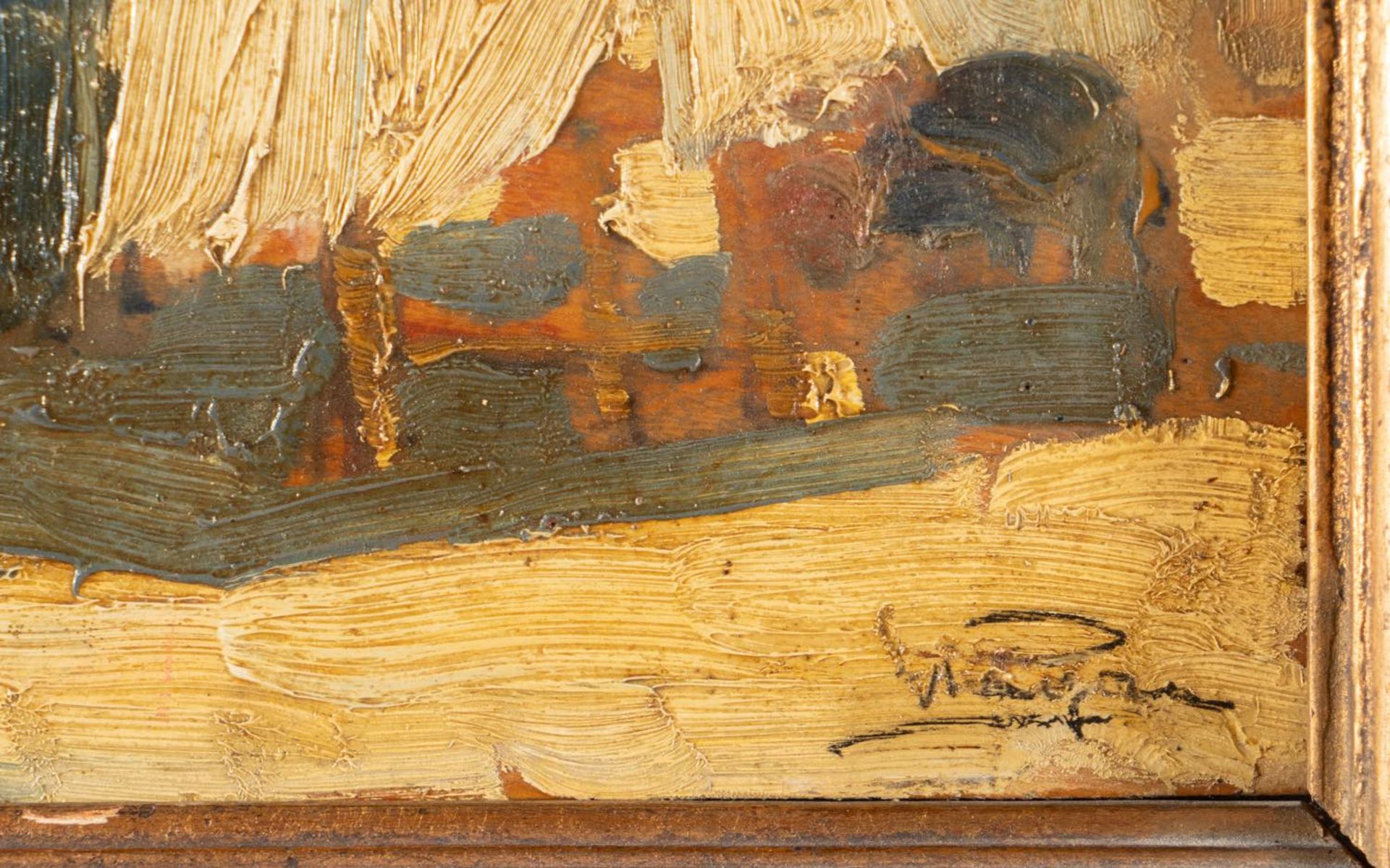 Luigi Pagan (Chioggia 1907-1980), “Il mercato”.Olio su tavoletta, firmato in basso a destra, - Image 2 of 3