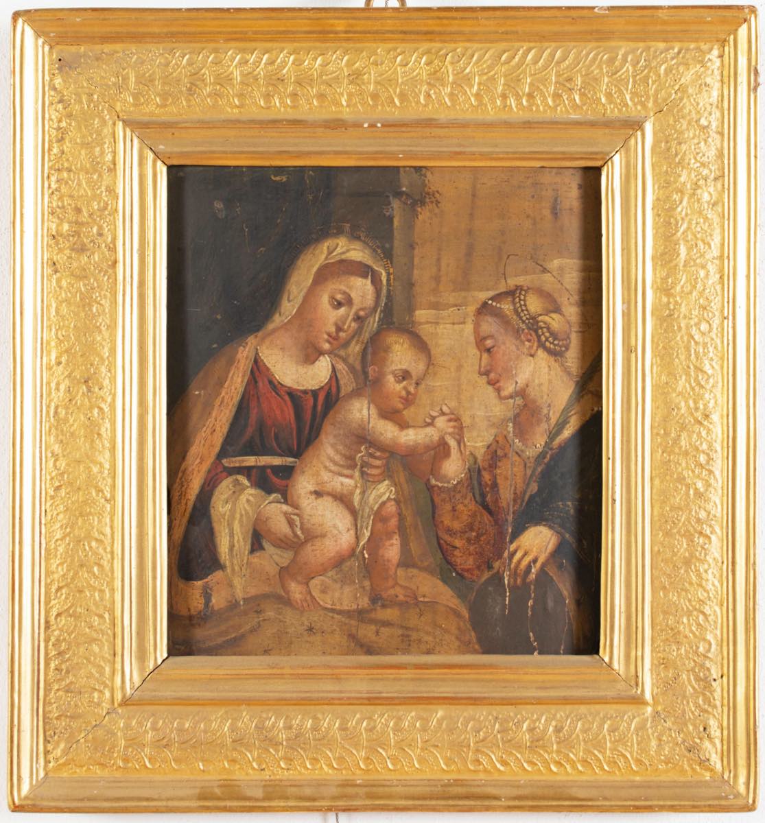 Maestro Veneto del XVI secolo, "Madonna con Bambino e Santa Caterina".Olio su tavola, H cm