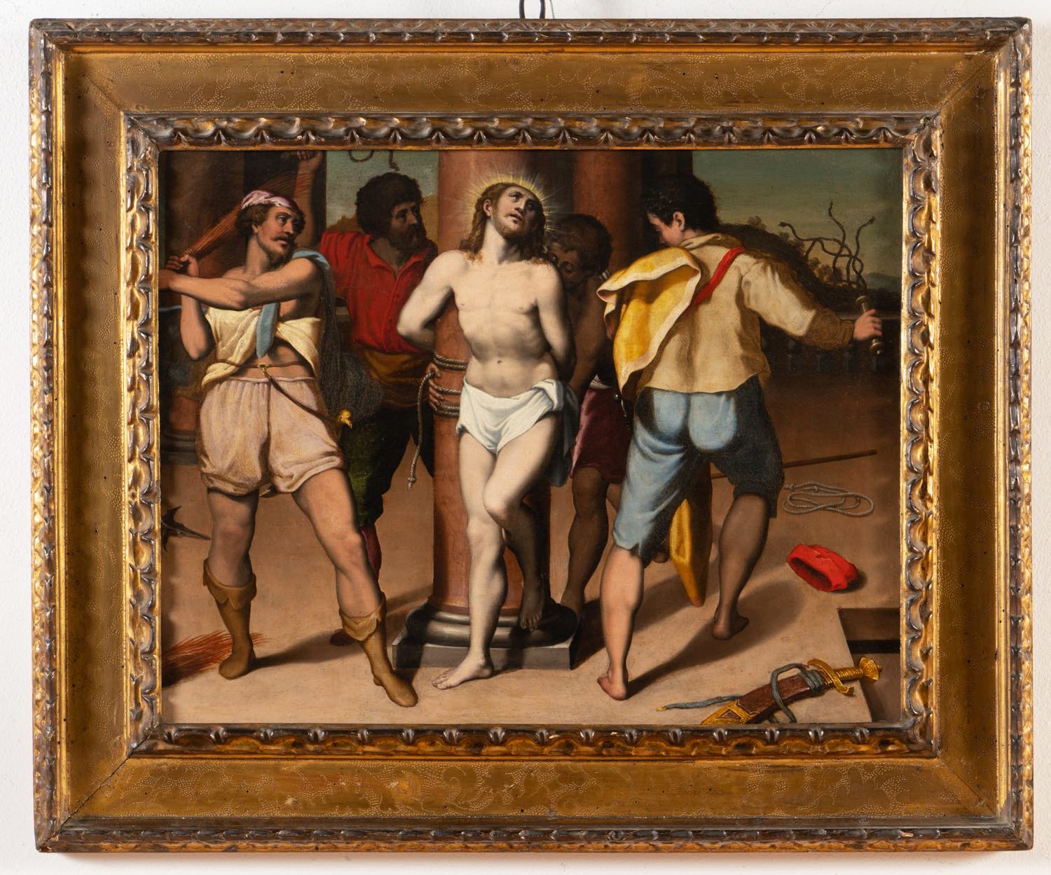 Maestro Emiliano del XVI secolo, "Cristo alla colonna deriso".Olio su tela, H cm 51x65 - con