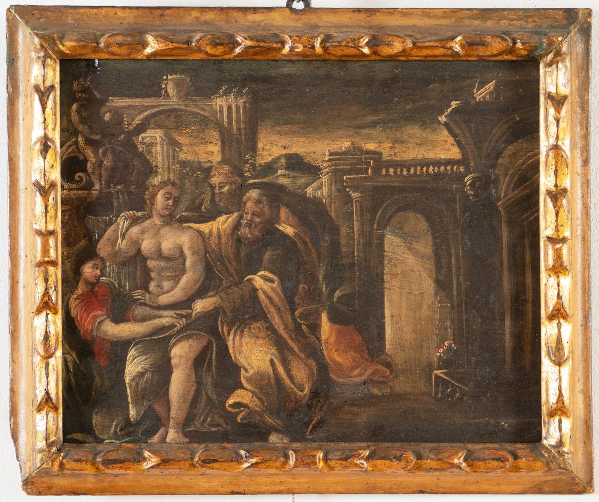 Maestro del XVII secolo, "Susanna e i Vecchioni".Olio su tavola, H cm 30.5x38 - con cornice H