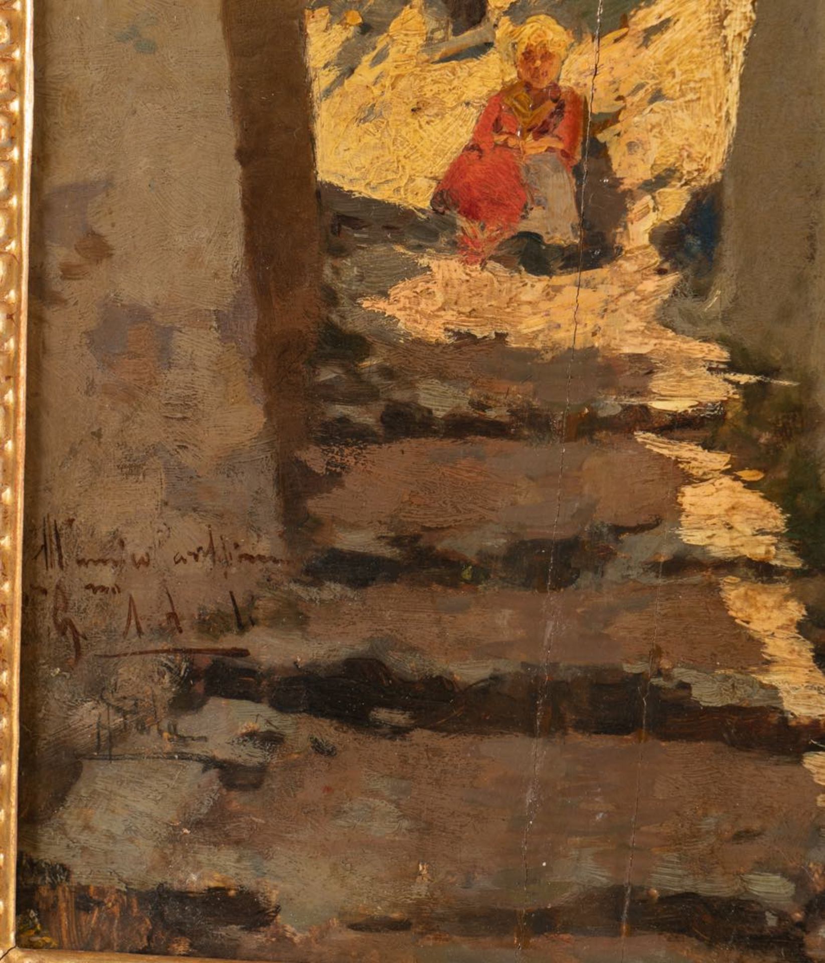 Paolo Sala (Milano 1859 - 1924), "Fanciulla sulla scalinata".Olio su tavoletta, reca in basso a - Image 2 of 3