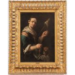 Felice Boselli (Piacenza 1650 - Parma 1732), “Filatrice con gatto”.Olio su tela, entro cornice